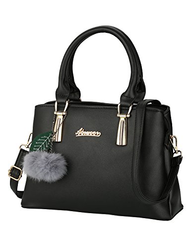 Frauen PU Leder Henkeltaschen mit Hairball Vintage Tasche Handtasche Umhängetasche Damen (Schwarz)