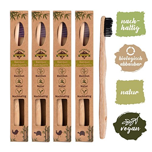 4er Pack ♻ Bambus Zahnbürste mit reinem Bambus-Holz ✮ vegan ✮ biologisch abbaubar ✮ 100% frei von BPA ✮ Borsten mit Bambus-Holzkohle für beste Sauberkeit