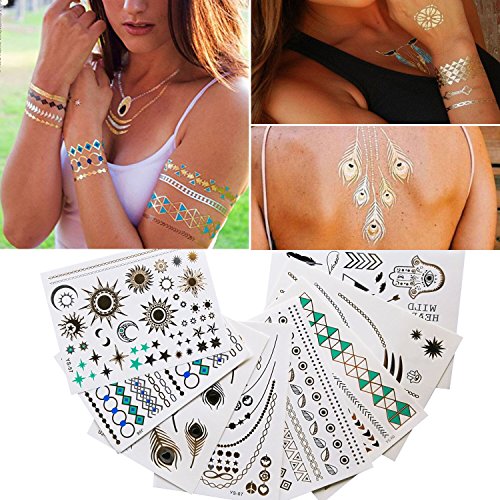 Metallic Temporäre Tattoos, Temporäre Klebe-Tattoos , Körper Tattoo Silber, Tattoos Gold, Designs Temp (Elegant)