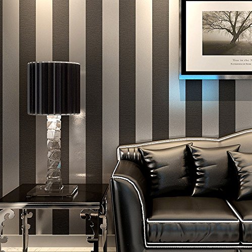 KeTian Vliesapete aus PVC in moderner, minimalistischer Optik, vertikal gestreift, für Schlafzimmer oder Wohnzimmer. 0,53 m x 10 m = 5,3 m², Schwarz / Grau, 0.53m (1.73' W) x 10m(32.8'L)=5.3m2 (57 sq.ft)