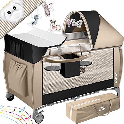 KIDIZ® Babybett 3 in 1 Reisebett Kombi Set, mit Wickelauflage Moskitonetz Laufstall Baby ab Geburt bis 15 kg luftige Seitenwände mit Seiteneingang Tragetasche zusammenklappbar Schwarz/Beige