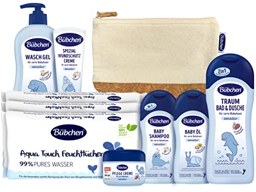 Bübchen Pflegeset für Neugeborene, 7-teilig – Geschenkset mit Baby-Produkten, von mildem Shampoo bis pflegender Wundschutzcreme, ohne Silikone