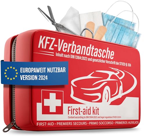 HELDENWERK KFZ Verbandstasche nach aktueller Norm 2023/2024 DIN 13164:2022 (StVO konform) - Europaweit Nutzbar - Erste Hilfe Set Auto Verbandskasten Auto 2023/2024 für TÜV Geprüft