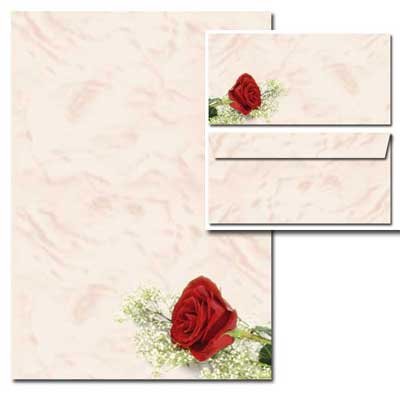 40-tlg. Motivpapier Komplett-Set ROTE ROSE Briefpapier + Umschläge DIN LANG ohne Fenster