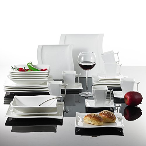 Malacasa, Serie Flora, Tafelservice 30-teilig Kombiservice Weiss Porzellan Geschirrset im Leichten Kurveform Design mit je 6 Kaffeetassen, 6 Untertassen, 6 Dessertteller, 6 Tiefteller und 6 Flachteller