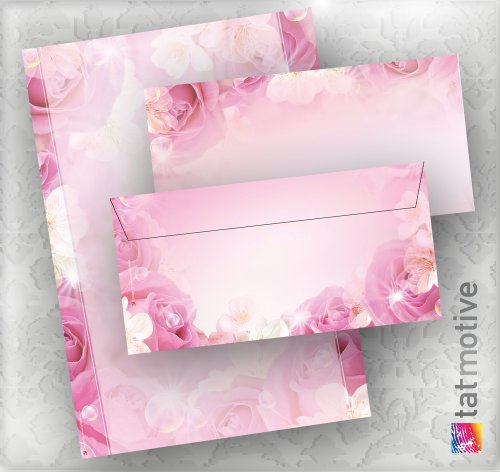 Motivpapier Rosen (25 Sets inkl. Kuverts) wunderschön, BEIDSEITIG mit Pink Rosa Motiv mit passenden Briefumschlägen, Geschenkidee Frauen