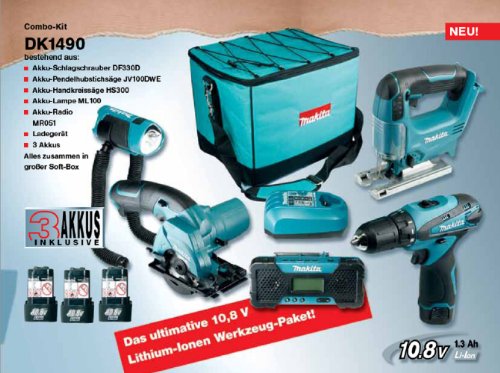 Makita DK1490 Combo-Kit 10,8 V (DF330D+HS300+JV100+ML101+MR051), 3 Akkus und Ladegerät