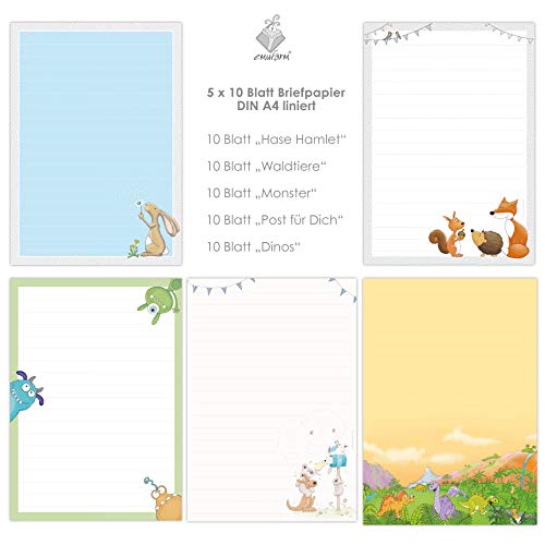niedlicher BRIEFPAPIER-MIX 5 x 10 Blatt DIN A4 für Kinder mit Linien insg. 50 Blatt/Briefpapier Kinder/Briefpapier für Jungs und Mädchen