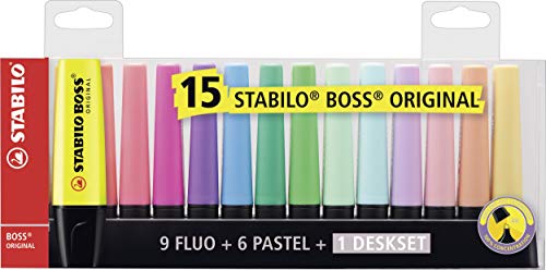 Textmarker - STABILO BOSS ORIGINAL - 15er Tischset - 9 Leuchtfarben, 6 Pastellfarben