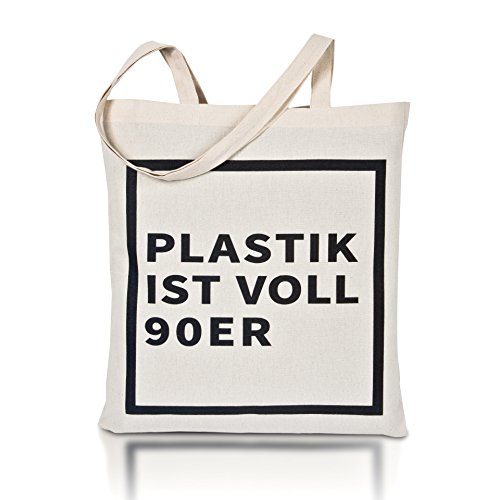 avoid waste - Jutebeutel Bedruckt - Nachhaltige Einkaufstasche mit Aufdruck und Langen Griffen (Plastik ist voll 90er)