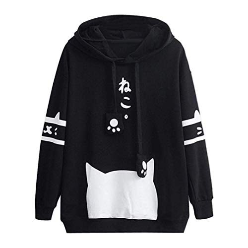 ZHRUI Womens Japanisch Kawaii Style Kitty Cat Print Tasche Langarm dünne Hoodie Tops (Farbe : Schwarz, Größe : M)