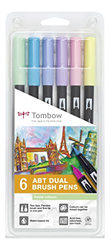 Tombow ABT-6P-2 Fasermaler Dual Brush Pen mit zwei Spitzen 6er Set, pastellfarben