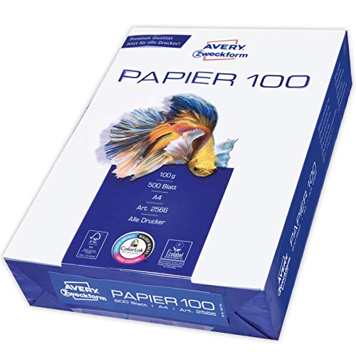 Avery Zweckform 2566 Drucker-/Kopierpapier (500 Blatt, 100 g/m², DIN A4 Papier, hochweiß, für alle Drucker) 1 Pack