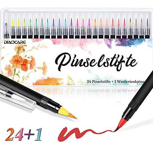 Pinselstifte Set Brush Pen,DIAOCARE 24 Aquarell Pinselstifte + 1 Wassertankpinsel,Flexiblen Nylon-Pinselspitzen,Aquarell effekt,Pinselstifte für Handlettering,Bullet Journal,Kalligraphie,Kind Malen