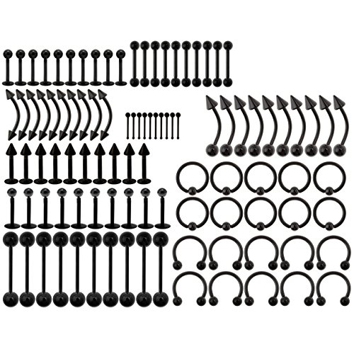 PiercingJ 100x Klassisch Multi Piercing Set Chirurgenstahl Körperpiercing Stud Barbell für Zunge Nase Ohr Lippe Brustwarzen Augenbrauen Helix Tragus Knorpel Ring Mixed Unisex Punk Piercing (Farben:Schwarz)