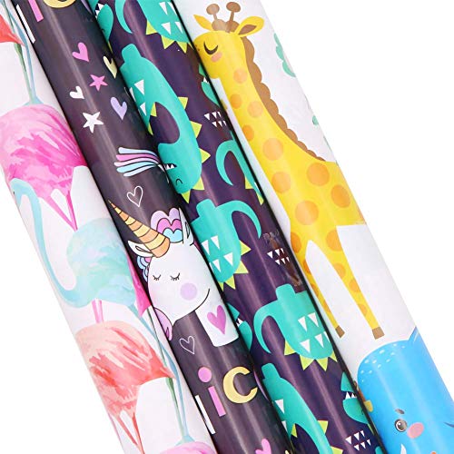 Geschenkpapier, Packpapier mit niedlichen Comics, buntes Geschenkpapier - Einhorn, Dinosaurier, Flamingo, Tierzoo (70 x 50 cm)