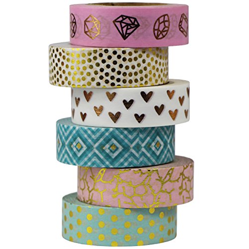 UOOOM 6 Rolls 10m x 15mm Beautiful Farbe und Gold Washi Tape Masking Tape deko klebeband buntes Klebebänder DIY scrapbook deko (Design 9042)