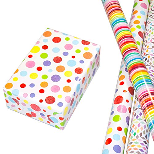 Geschenkpapier Kinder Set 3 Rollen (75 x 150 cm), modernes Streifen Geschenkpapier bunt, Punkte-Design hochwertig mit Glitter veredelt, Rauten auf mattweißem Fond. Für Geburtstag, Kinder.