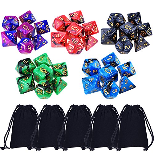 35 Stück Polyedrische Würfel Doppel-Farben Polyedrischen Spielwürfel für RPG Dungeons und Dragons Pathfinder mit 5 Stück Schwarz Beutel, 5 Set von d20, d12, 2 d10 (00-90 und 0-9), d8, d6 und d4