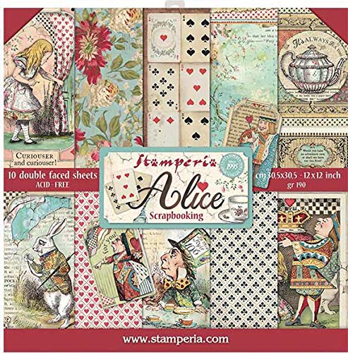 STAMPERIA SBBL52 Papierblock 10 Blätter doppelseitig Alice, Mehrfarbig, 30.5 x 30.5 (12