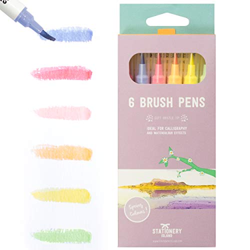 Schreibwaren-Insel-Pinselstifte 6er-Pack Pastell-Frühlingsfarben - Nachfüllbare Aquarell-Pinselstifte mit echter Pinselspitze. Für Kalligraphie, Schriftzug, Bullet Journal, Zeichnung & Design