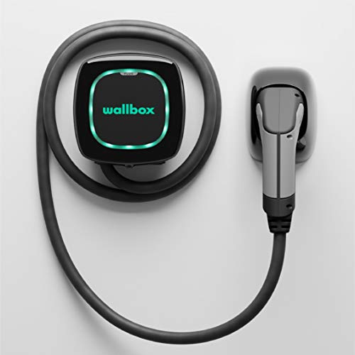 Wallbox Pulsar Plus Ladegerät mit einer Ladeleistung von bis zu 11 KW, Typ 2-Stecker und 5-Meter-Ladekabel. Bluetooth- und Wi-Fi-Konnektivität.