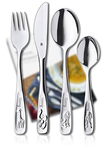 WMF Kinderbesteck mit Gravur 4-teilig, ab 3 Jahre, Cromargan Edelstahl poliert, spülmaschienengeeignet, Taufgeschenke, Geschenke zur Taufe, Kinderbesteck mit Namensgravur