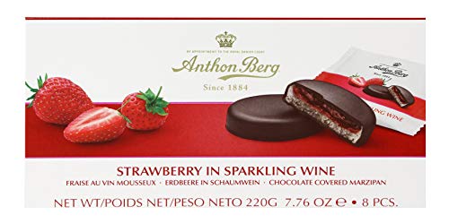 Strawberry in sparkling wine Chocolade mit Marzipan (41%) und Füllung (25%) mit Erdbeeren in sparkling wineine
