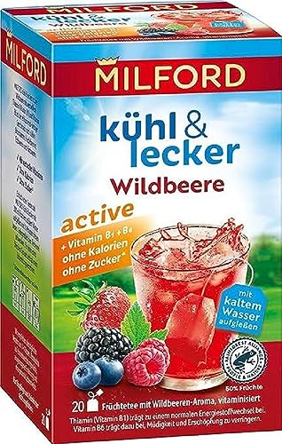 Milford kühl & lecker active Wildbeere | Ohne Kalorien | Ohne Zucker | Laktosefrei | Glutenfrei | Vegan | 20 Teebeutel |50 g