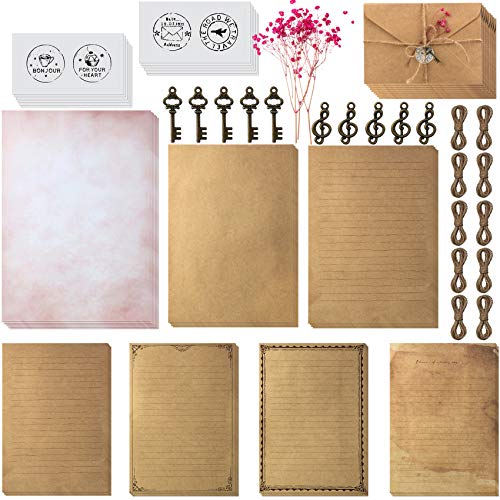 79 Stücke Vintage Schreiben Briefpapier und Umschläge Set Enthält 30 Blätter Briefpapier mit 3 Größen, 12 Kraft Umschlägen, 12 Retro Schlüsseln, 12 Hanfseilen, 12 Aufklebern für Weihnachten