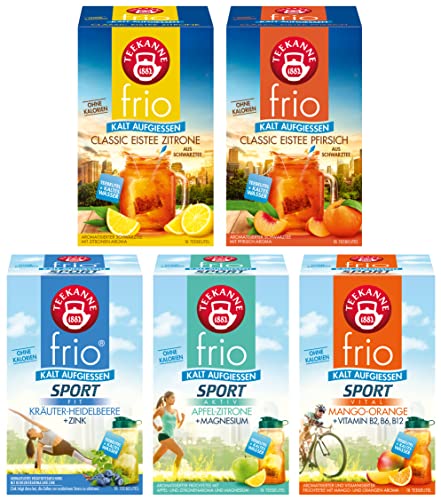 Teekanne frio Eistee und Sporttee | 5er Pack inkl. der neuen Sorte Heidelbeere-Kräuter + Zink | zuckerfreier Genuss | Voller Geschmack |ohne Zucker | Kalorienarm (5 x 45 g)
