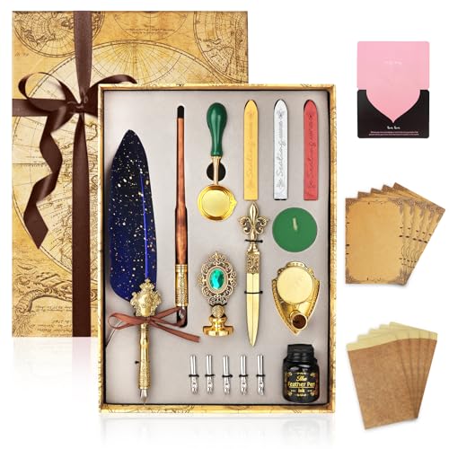 ZUSUZU Feder Feder Tinte Set,Handgemachte Dip Pen,Kalligraphie Stift Set mit Holzstift und Quill Stift,5 Austauschbare Schreibfedern,Tinte,Stifthalter,Siegelstempel und Wachs,Schreibset Geschenke