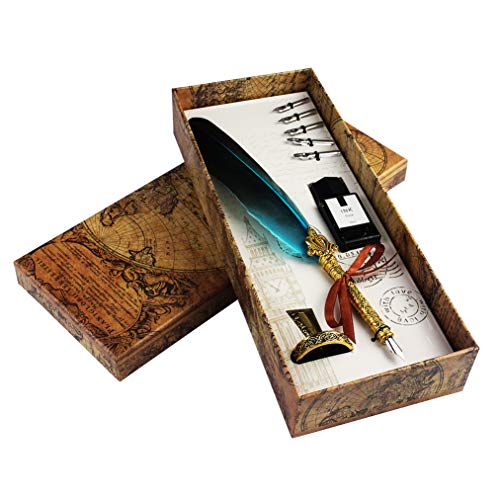 Handgemachte Dip Pen Englisch Kalligraphie Feder Schreibfeder Dip Quill Pen schreiben Tinte Set mit 5 Ersatzspitzen und Pen Nib Basis Calligraphy Set für Briefpapier Geschenk (Blue)