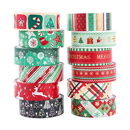 Washi Tape Set 12 Rolls Weihnachten Gold Silber Washi Masking Tape Dekorative Klebeband für Scrapbooking DIY Handwerk Bastler verschönert Journals Planer Karten Geschenkverpackung Bänder Hochzeit