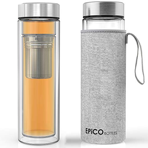 EPiCO BOTTLES Teekanne Glas - 400ml | Dopplewandige Glas-flasche mit Edelstahl Tee-sieb BPA Frei