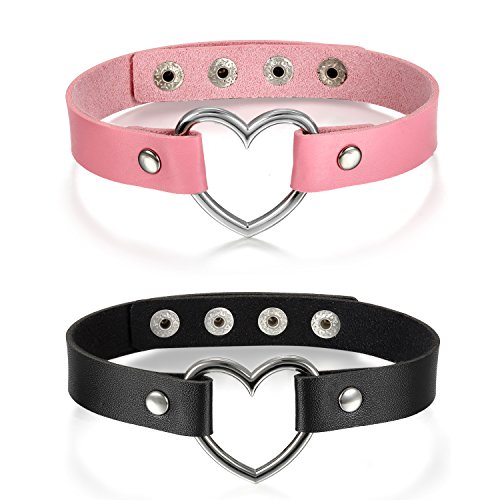 Cupimatch 2pcs Damen Choker Halskette Set, Herz Anhänger Leder einstellbar Kragen Halsband, pink schwarz