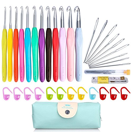 GeMoor 35 Stück Häkelnadeln Set Häkelhaken mit Bunte Ergonomische Weich Gummi Komfort Griff Häkeln Stricken Nadeln-2-8mm