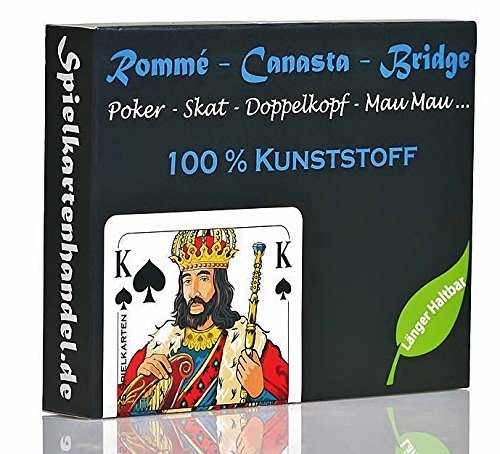 Rommee Karten, Canasta, Bridge aus 100% Kunststoff (Plastik +) Französisches Bild, Skat Poker Mau Mau Spielkarten, wasserfest und abwaschbar