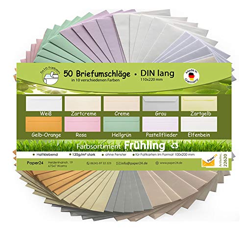 50 Briefumschläge bunt Mix DIN LANG 110x220 mm mit Haftklebung 120g /m² in 10 verschiedene Farben für Grußkarten Hochzeit Frühling