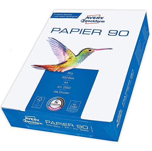Avery Zweckform 2563 Drucker-/Kopierpapier (500 Blatt, 90 g/m², DIN A4 Papier, hochweiß, für alle Drucker) 1 Pack