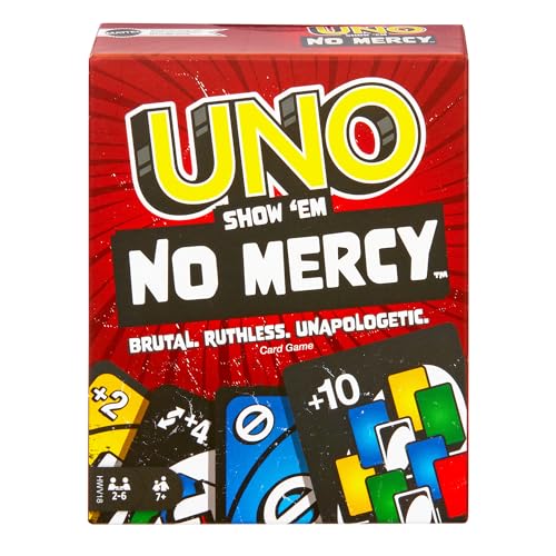 UNO Show 'em No Mercy - 56 zusätzliche Karten, harte Aktionskarten und brutale Spielregeln für die gnadenloseste Version, Stapelregel und Handkartentausch, ab 7 Jahren, HWV18