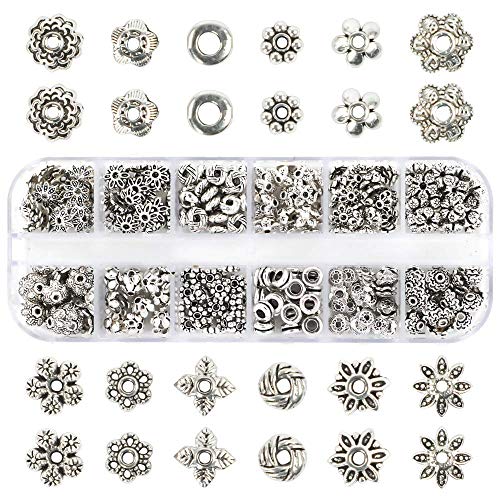 Outuxed 360 Stück Metallperlen Perlenkappen Silber Spacer Perlen Zwischenperlen von 12 Stilen Schmuck Zubehör für Armband Halskette Schmuckherstellung